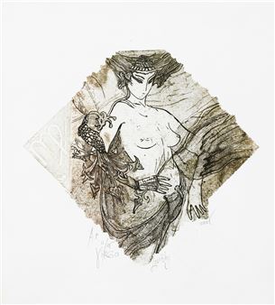 A stylized etching of a nude figure holding a bird, framed within a diamond shape.