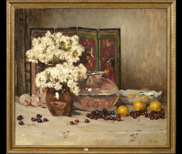 Artwork by Edouard Ingenbleek, Nature morte au bouquet de fleurs, aux fruits et au paravent, Made of Oil on canvas
