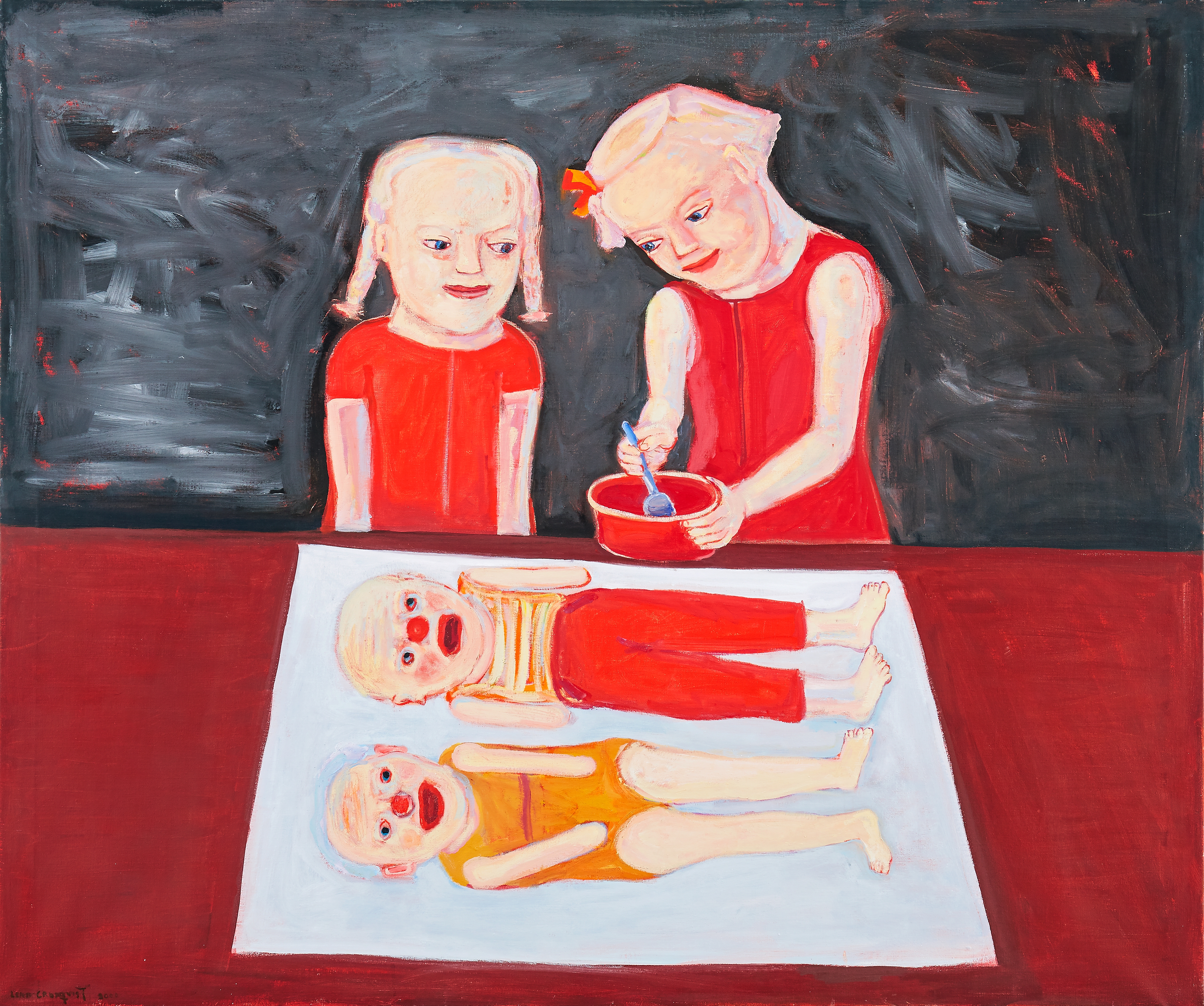 Två flickor med mamma- och pappadockor by Lena Cronqvist, 2000