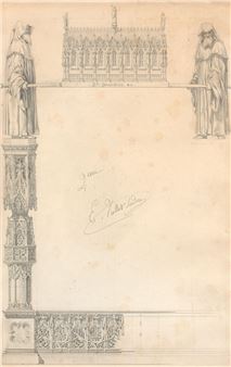 Etude d'un monument gothique avec deux statues de moines portant une châsse de saint François, probablement à Narbonne - Eugène Emmanuel Viollet-le-Duc