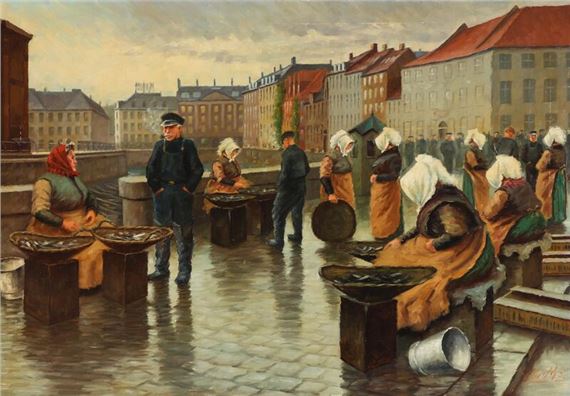 Fishwives and shoppers on Gl. Strand in Copenhagen by Christian Mortensen