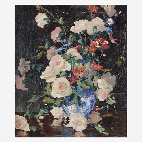 Still Life with Roses, Poppies and Cornflowers in a Blue Porcelain Vase by Jonas Lie