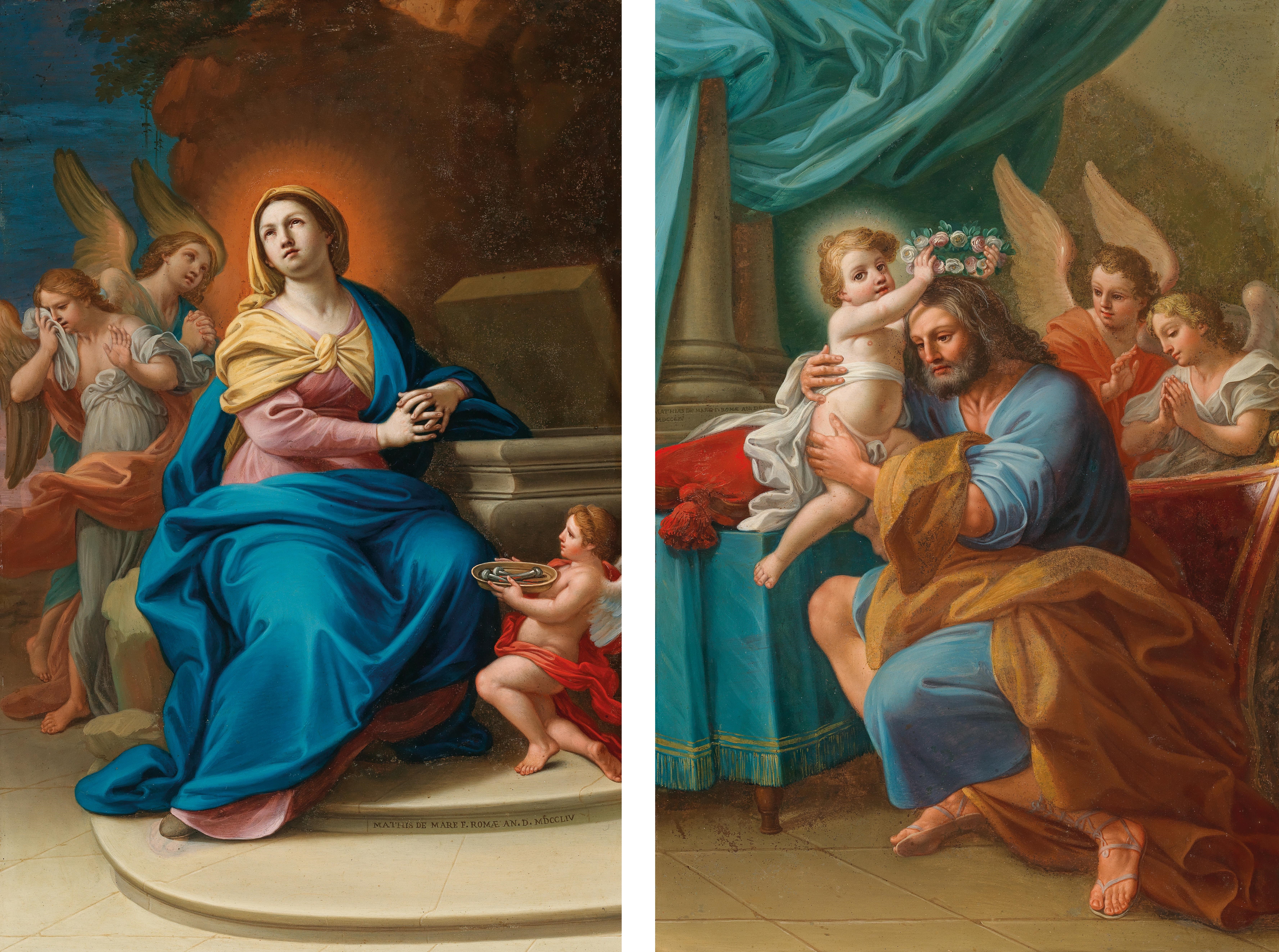 Artwork by Mattia de Mare, The Madonna with Angels and three nails of the cross; andThe Christ Child crowning Saint Joseph with Angels behind, Made of oil on copper