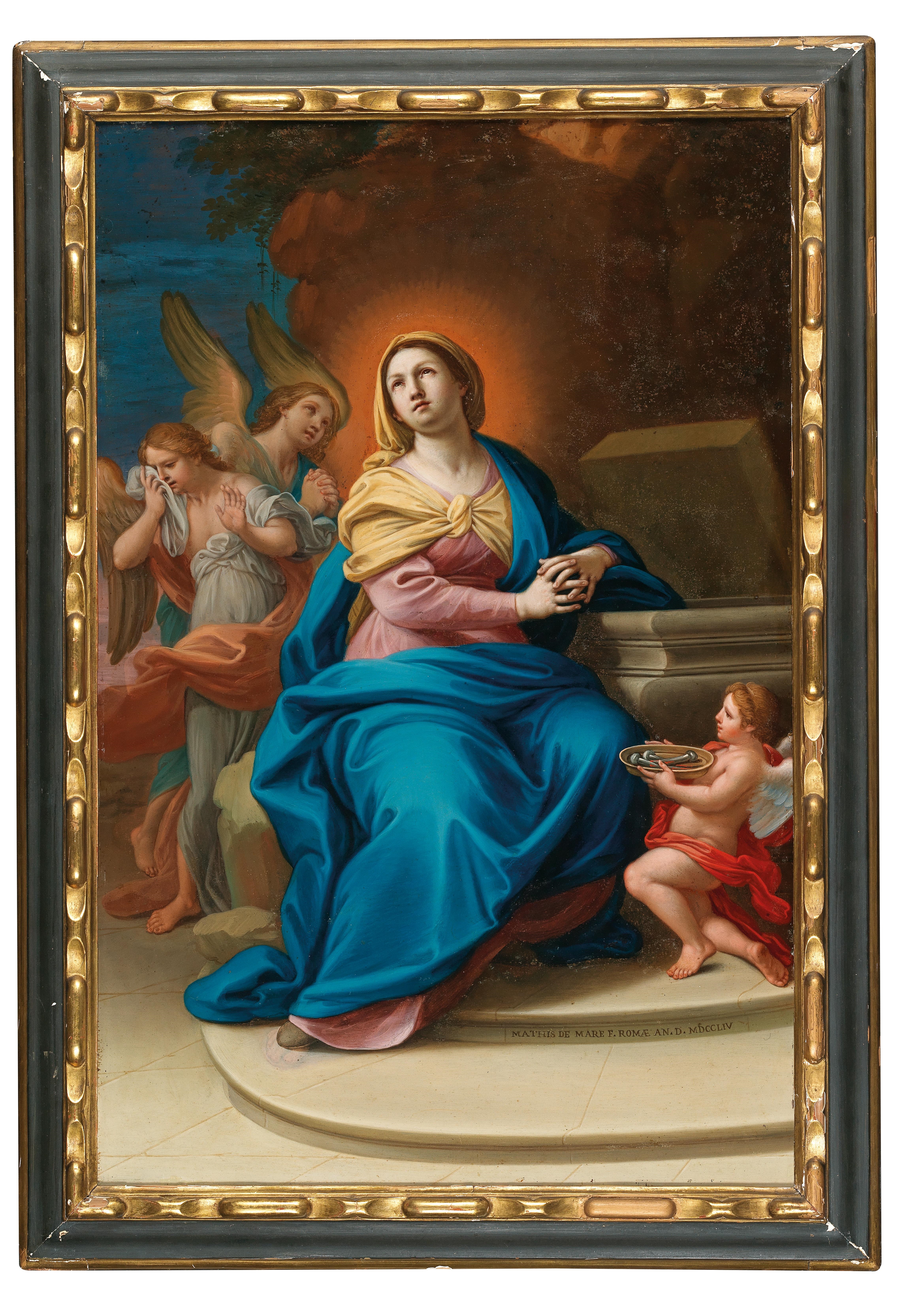 Artwork by Mattia de Mare, The Madonna with Angels and three nails of the cross; andThe Christ Child crowning Saint Joseph with Angels behind, Made of oil on copper