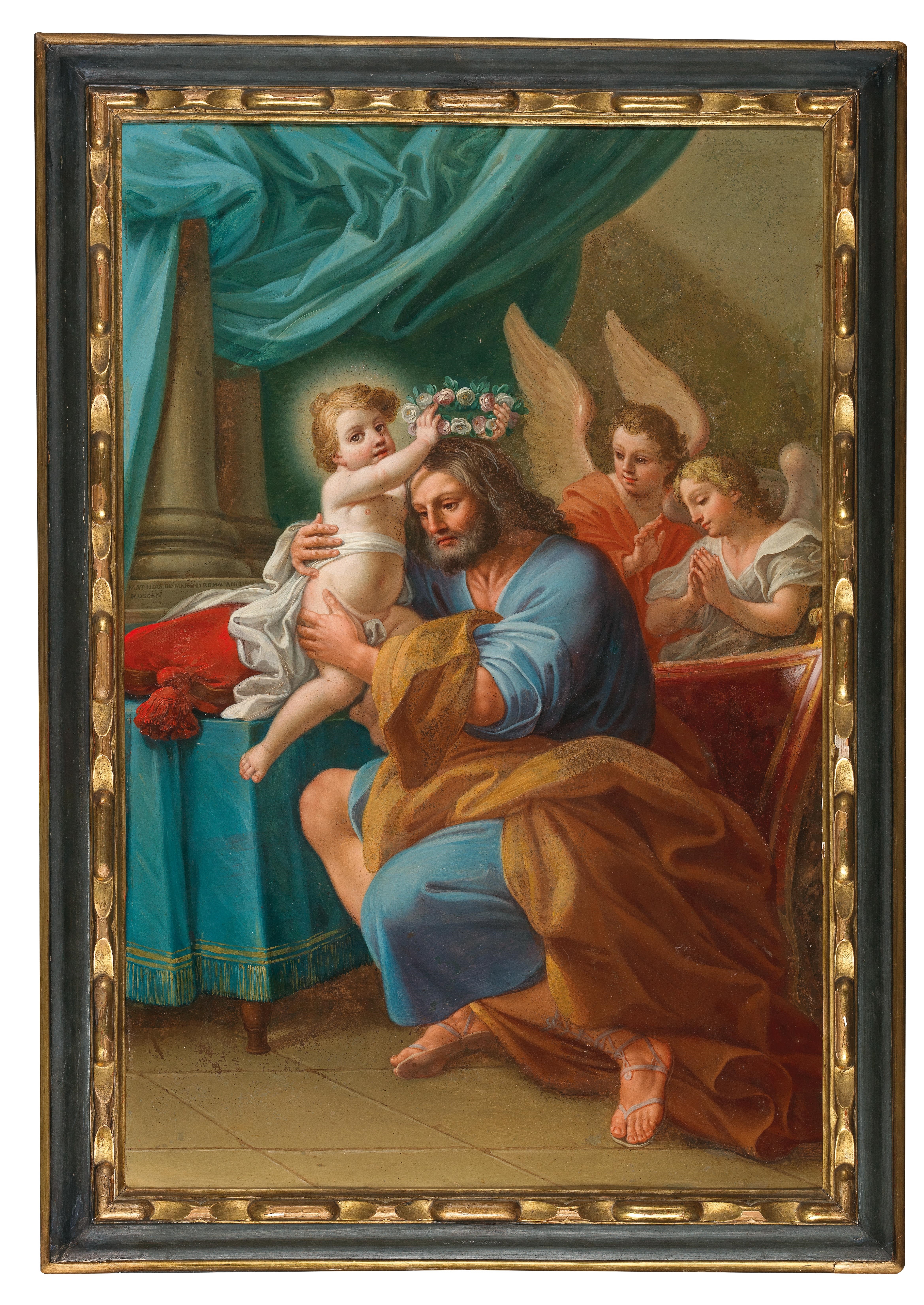 Artwork by Mattia de Mare, The Madonna with Angels and three nails of the cross; andThe Christ Child crowning Saint Joseph with Angels behind, Made of oil on copper
