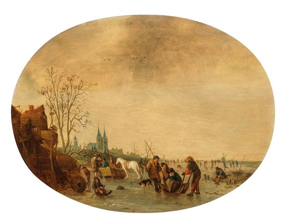 A winter landscape with skaters on the ice by Isack van Ostade
