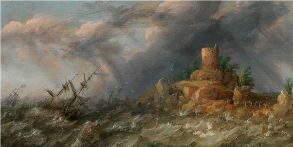 Ships in a storm off a rocky coast by Abraham Willaerts