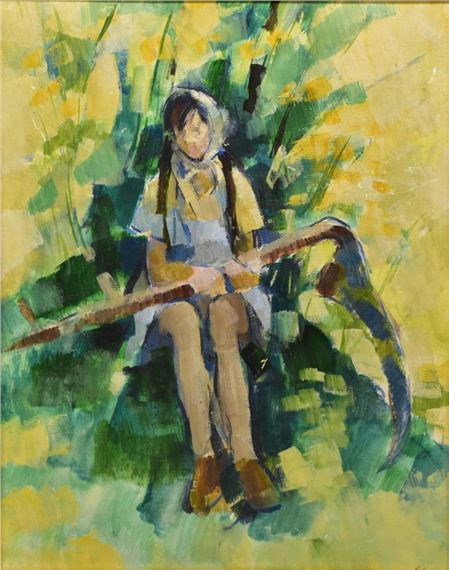 Harold Riley | seated girl with scythe | MutualArt