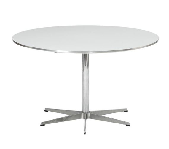 A White Laminated Round Table On Six, Six Foot Round Table
