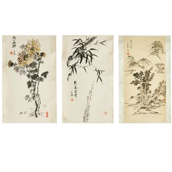 A flower painting; A mountain landscape; and Bamboo branch - Wu Zhi Kang