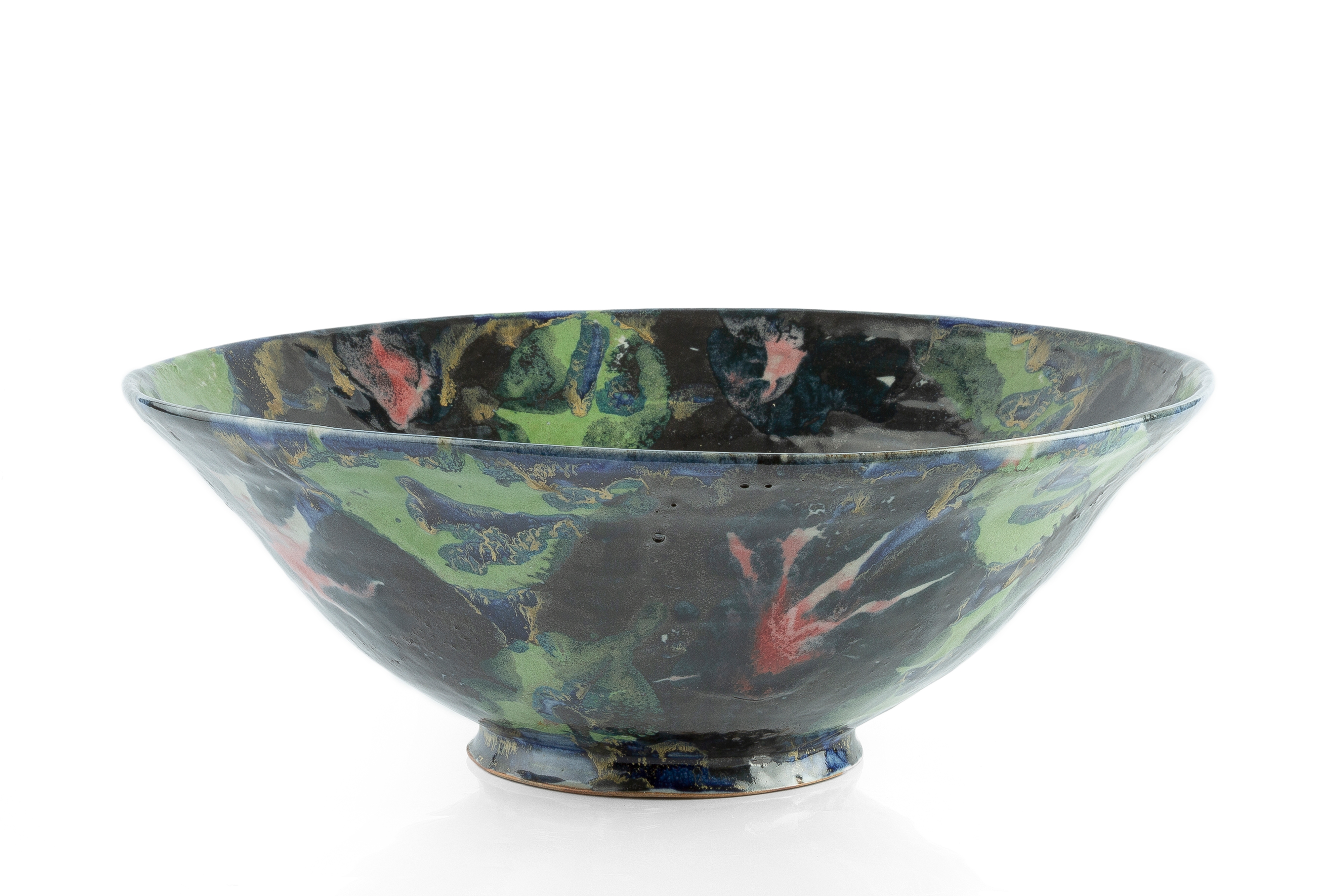 Artwork by Janice Tchalenko, Large open bowl, Made of green, black and red glazes
