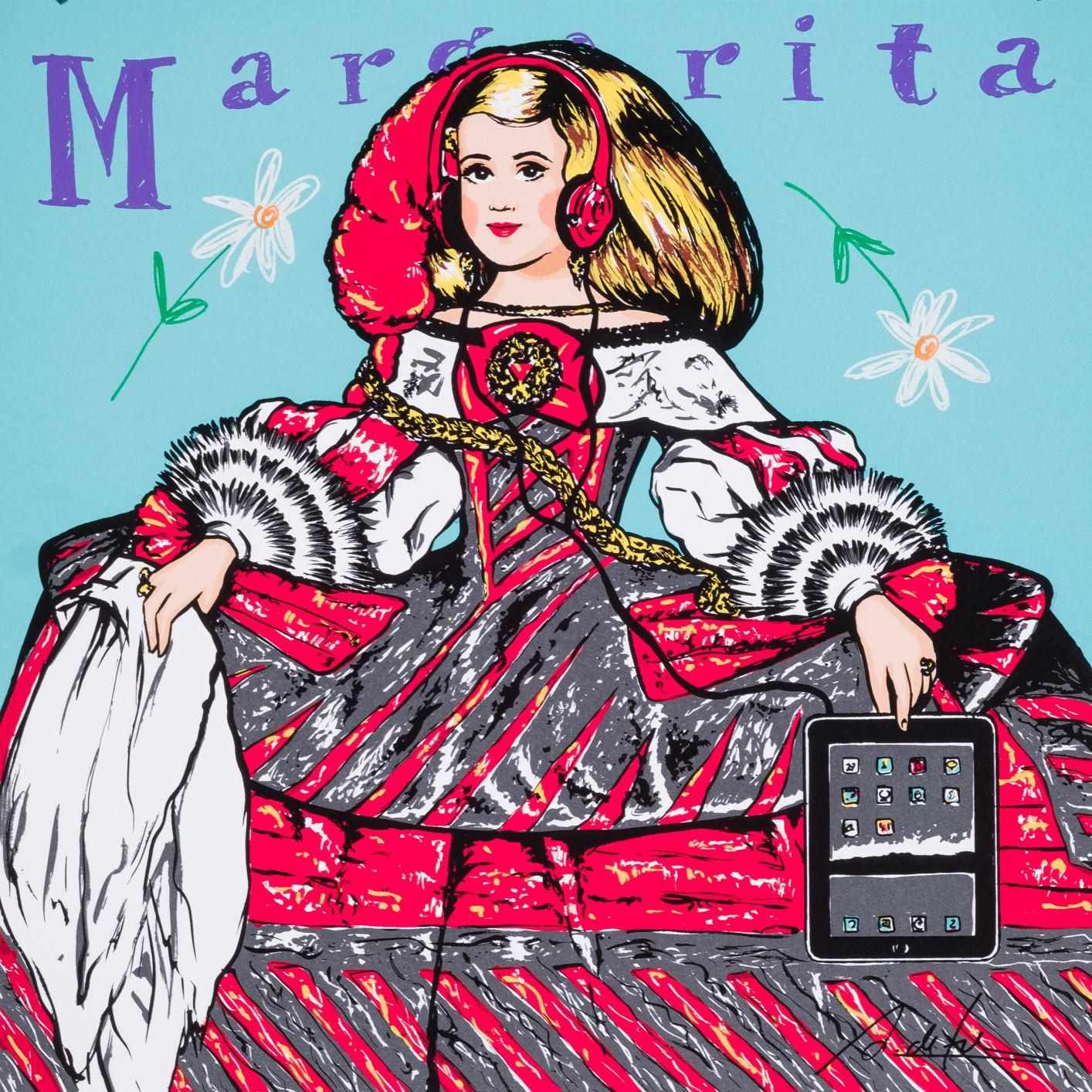 Artwork by Antonio de Felipe, Infanta Margarita con tablet, fondo verde y margaritas, Made of Eight-ink serigraph on 250 gr "Biblos" paper. hand-operated by the artist