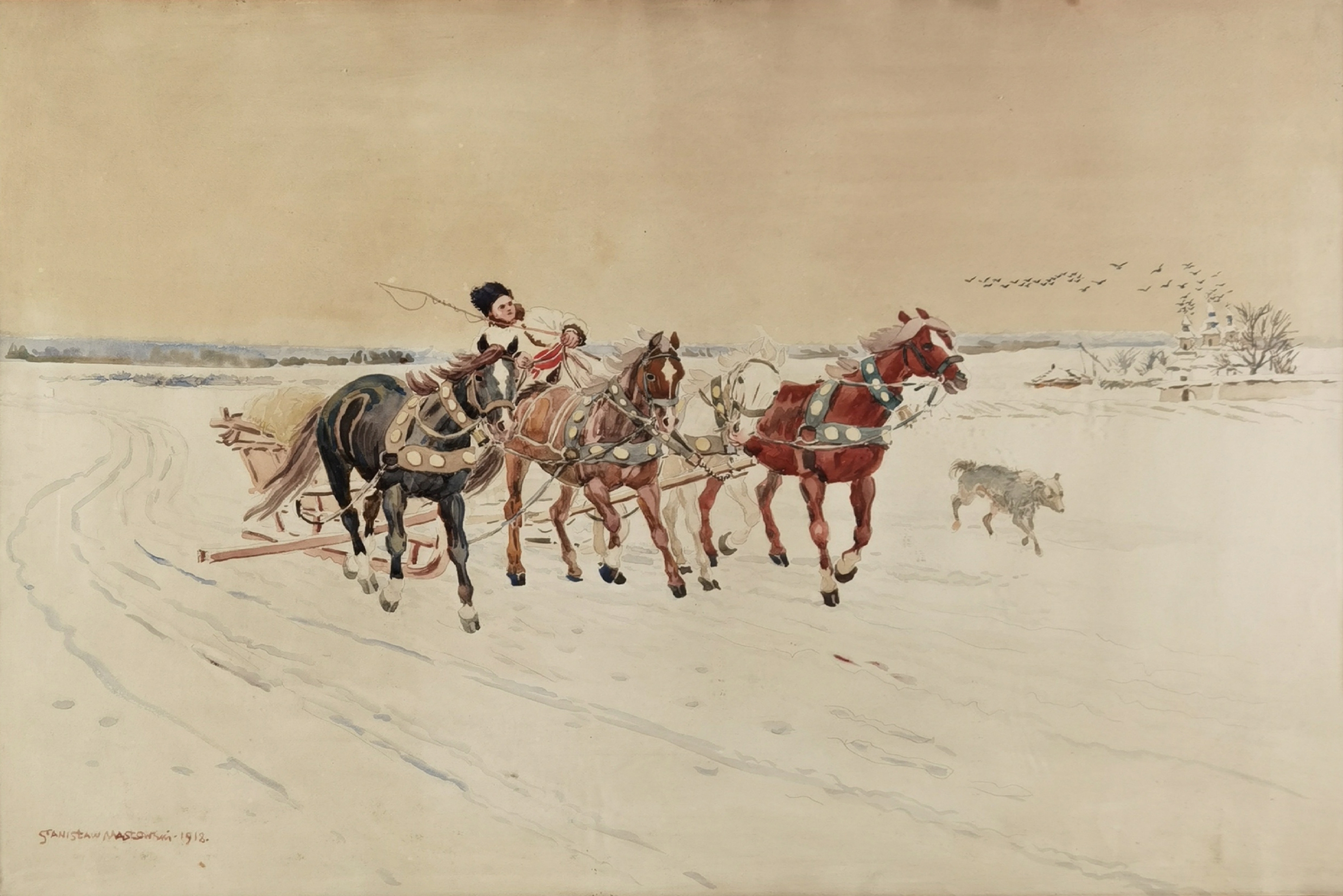 Artwork by Stanisław Masłowski, Na saniach, Made of oil, cardboard