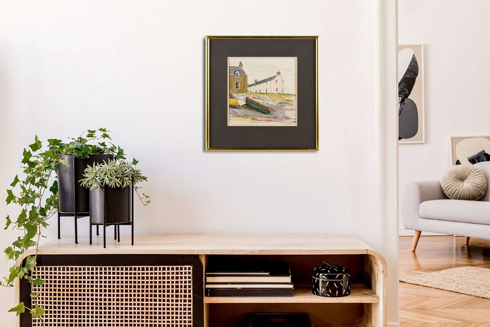 Artwork by Cionnor MacConraoi, BEACHED BOATS, Made of PEN & INK DRAWING WITH WATERCOLOUR WASH