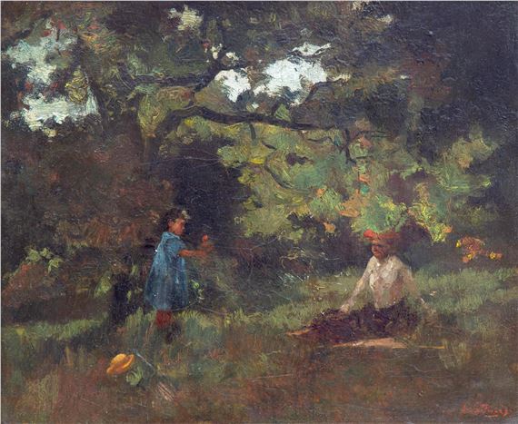 Mother and daughter enjoying an afternoon in the countryside by Wilhelmus Hendrikus Petrus Johannes de Zwart