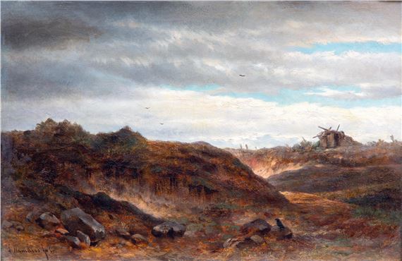 A desolate hilly landscape by Louwrens Hanedoes, 1865