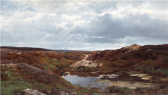 Deer quenching their thirst at a pool on the heath by Louwrens Hanedoes, 1865