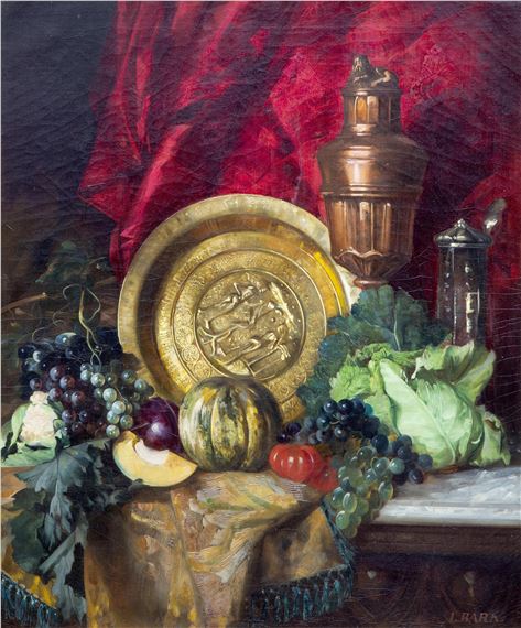 A still life with vegetables and a copper plate by Leopold Bara