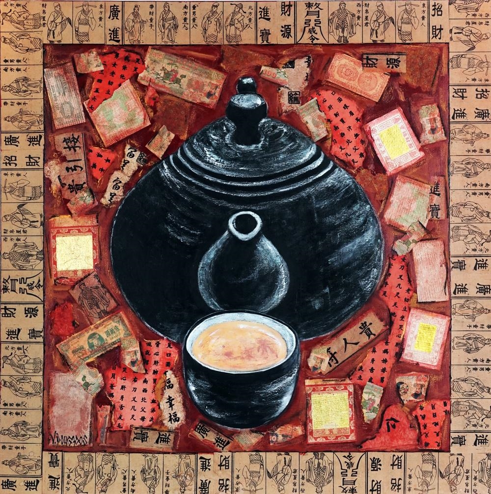 Artwork by Violette Dougados-Morais, Untitled - Tea pot, Made of Oil and collage on canvas