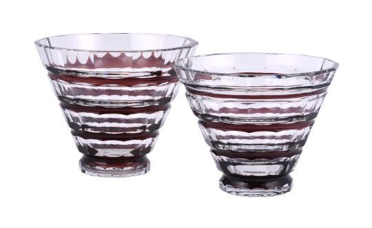 Two similar Val St. Lambert clear cut glass and dark ruby overlaid conical vases by Val Saint Lambert, circa 1930