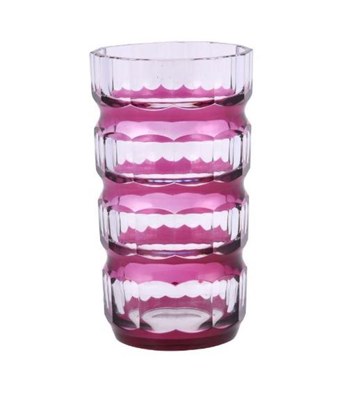 A Val St. Lambert clear glass cut and pale ruby overlaid cylindrical vase by Val Saint Lambert, circa 1930
