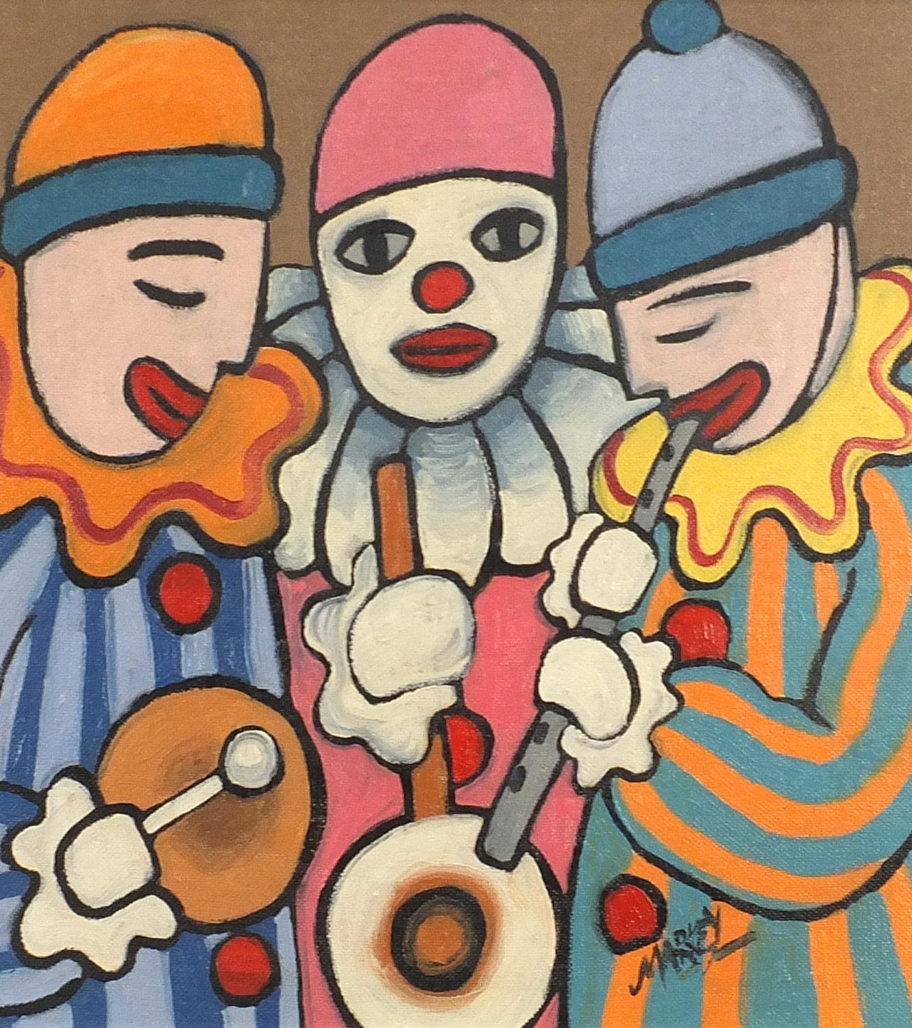Markey Robinson Portrait of three clown musicians MutualArt