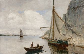 A serene coastal scene featuring boats in calm waters under a cloudy sky.