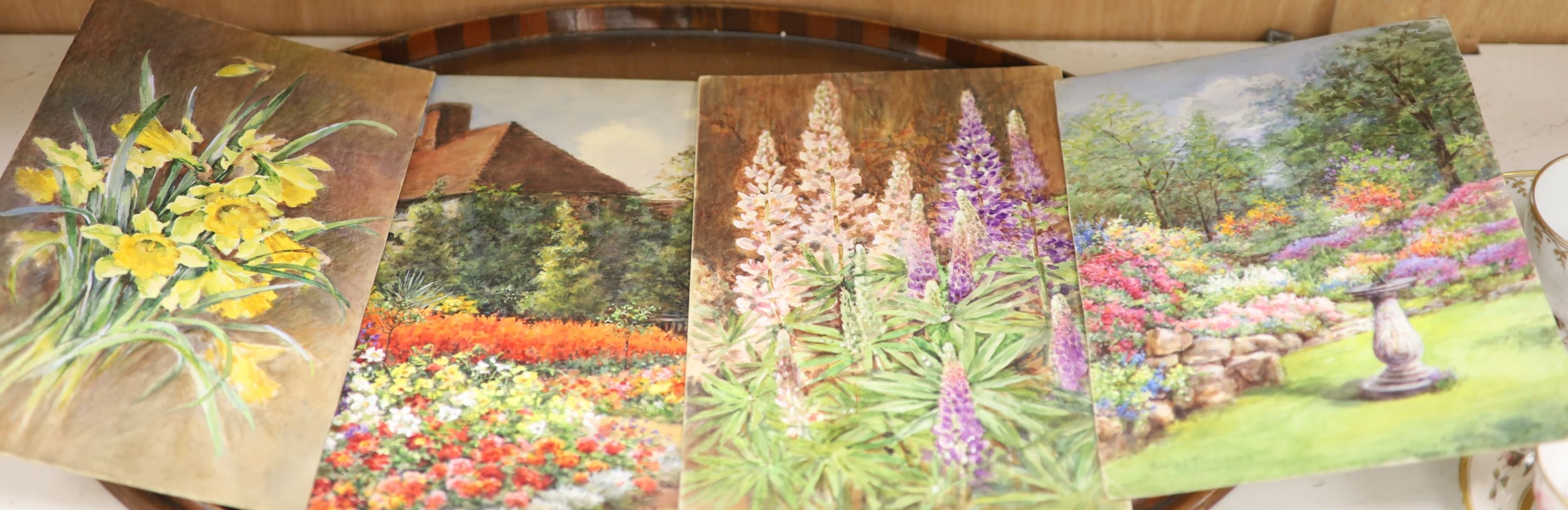 Artwork by Annie L. Pressland, a group of four small still life floral and garden watercolours on board, Made of watercolour