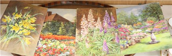 a group of four small still life floral and garden watercolours on board by Annie L. Pressland