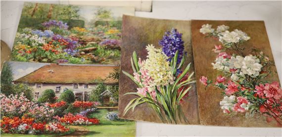 a group of four small still life floral and garden watercolours by Annie L. Pressland