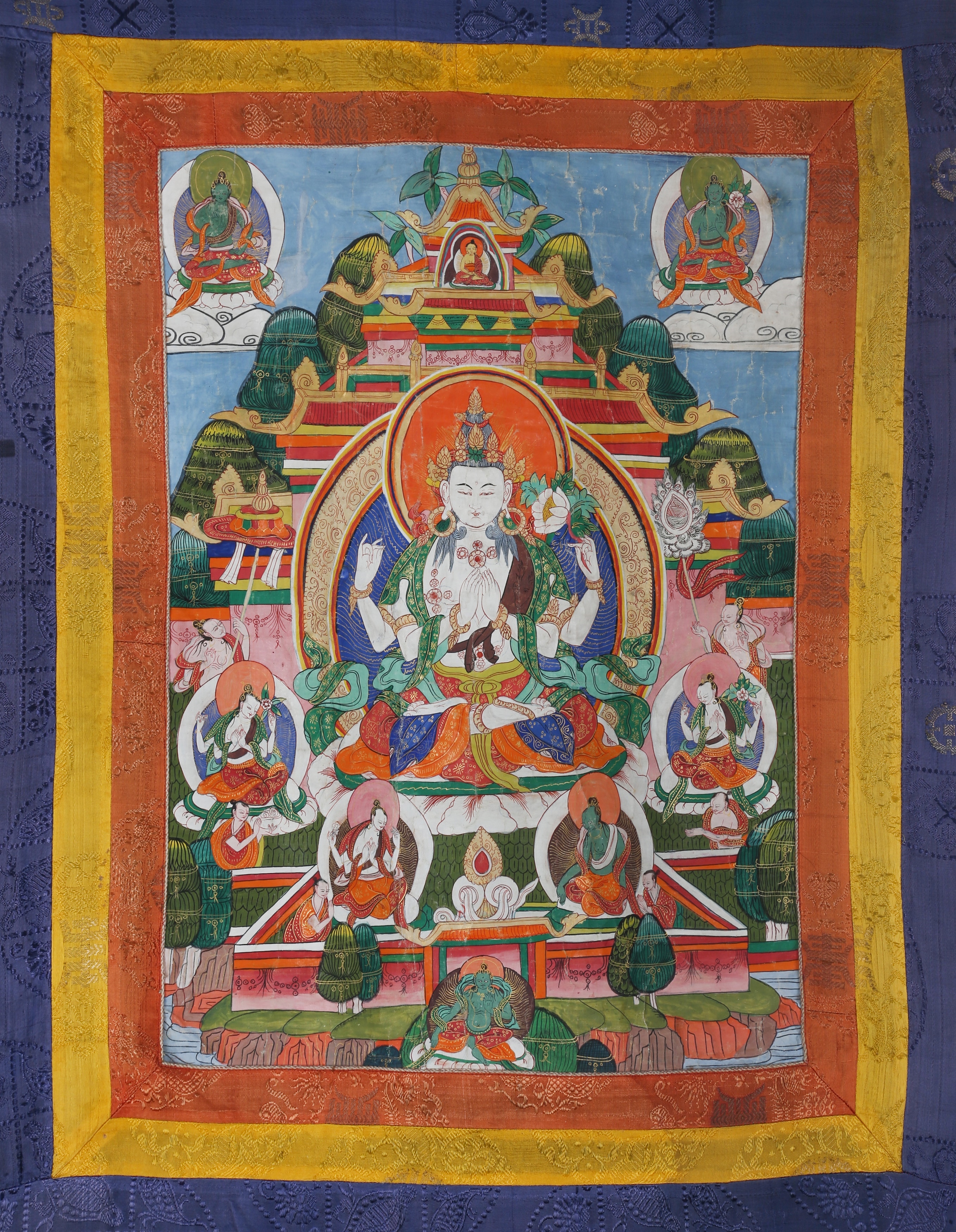 Artwork by Mongolian School, 19th Century, A MONGOLIAN THANGKA OF SADAKSARI AVALOKITESHVARA., Made of mounted in silk