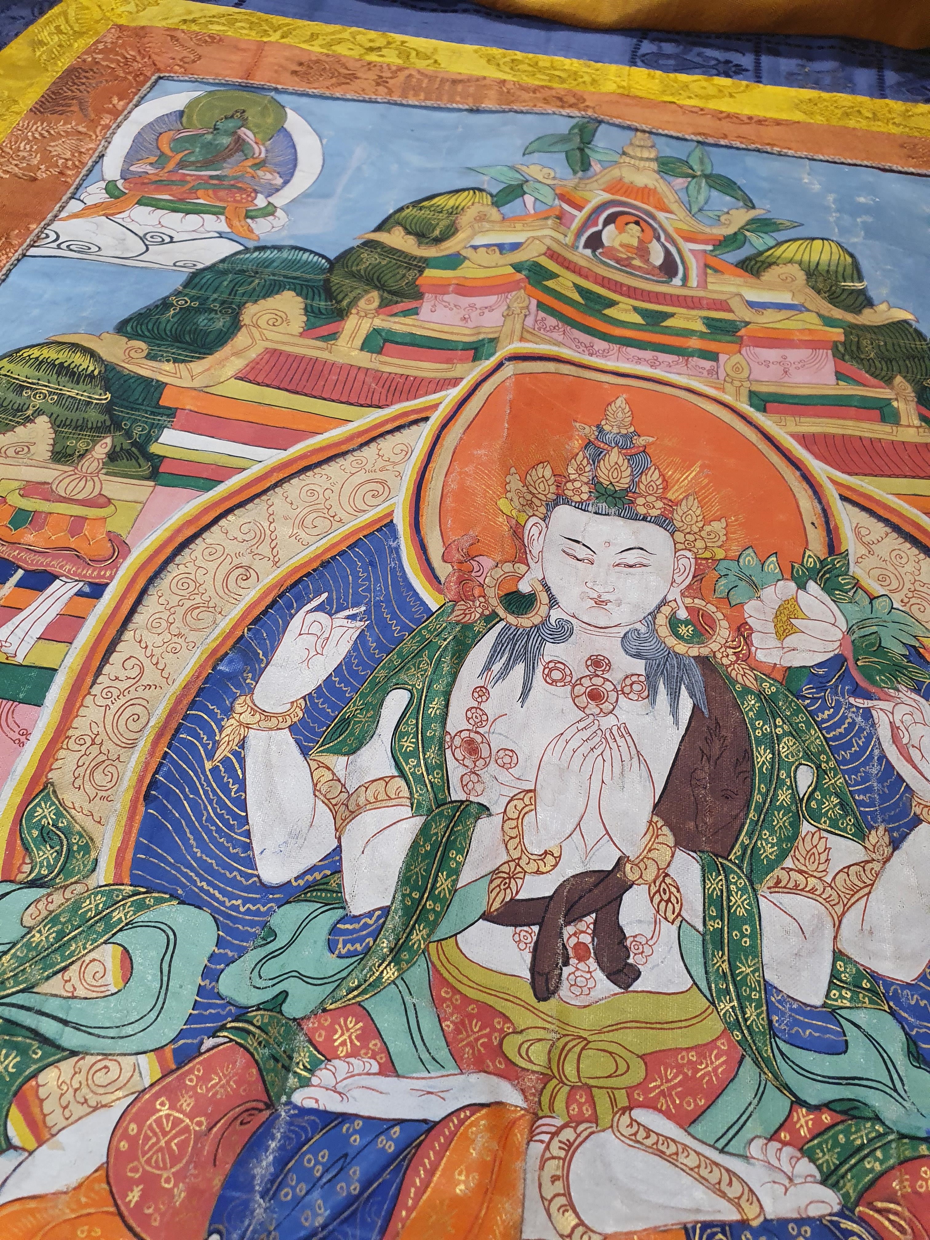 Artwork by Mongolian School, 19th Century, A MONGOLIAN THANGKA OF SADAKSARI AVALOKITESHVARA., Made of mounted in silk