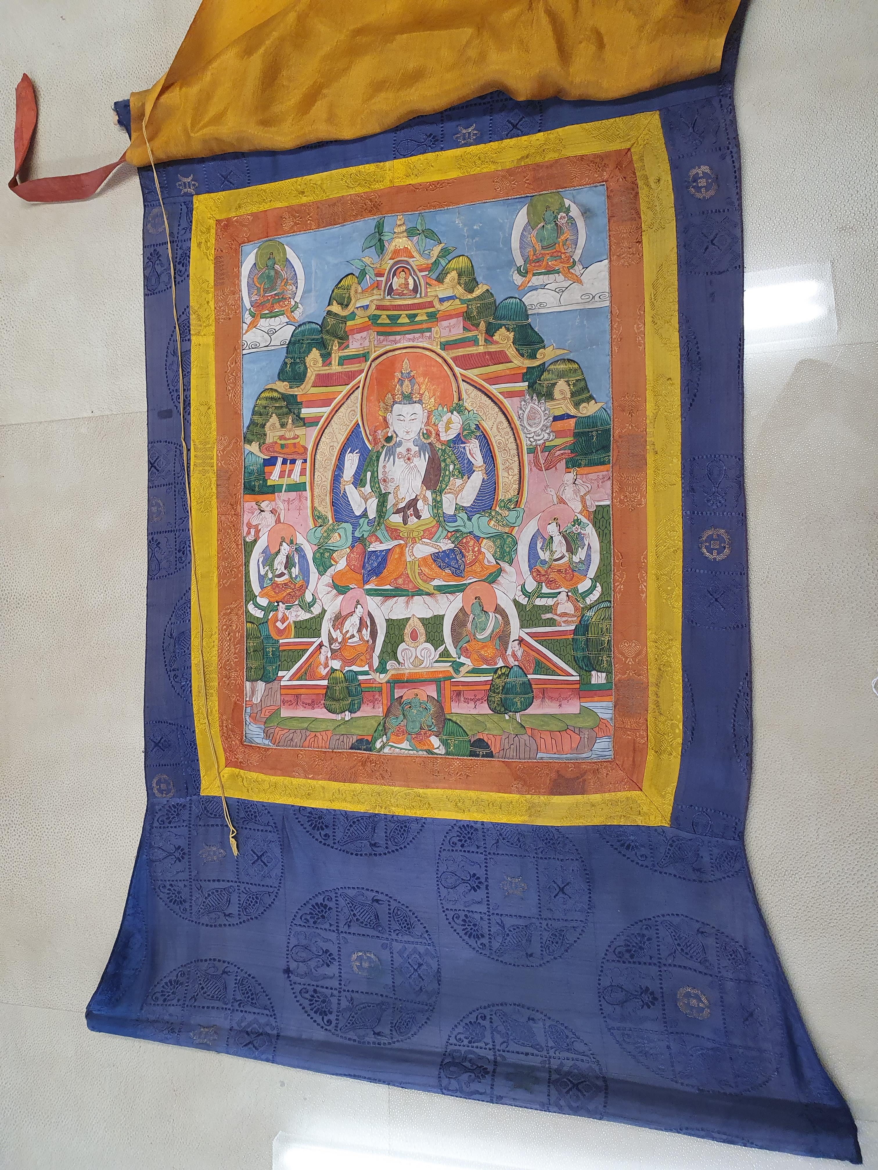 Artwork by Mongolian School, 19th Century, A MONGOLIAN THANGKA OF SADAKSARI AVALOKITESHVARA., Made of mounted in silk