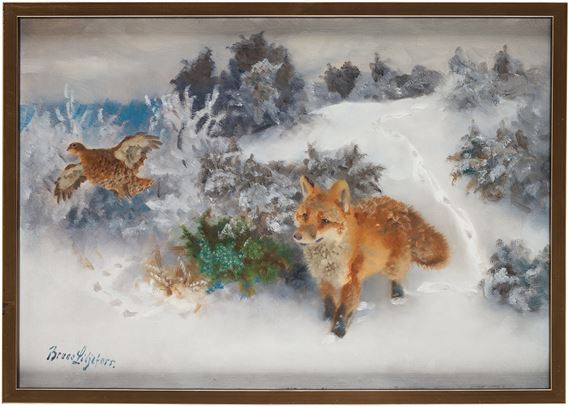 Winter landscape with fox stalking black grouse by Bruno Liljefors