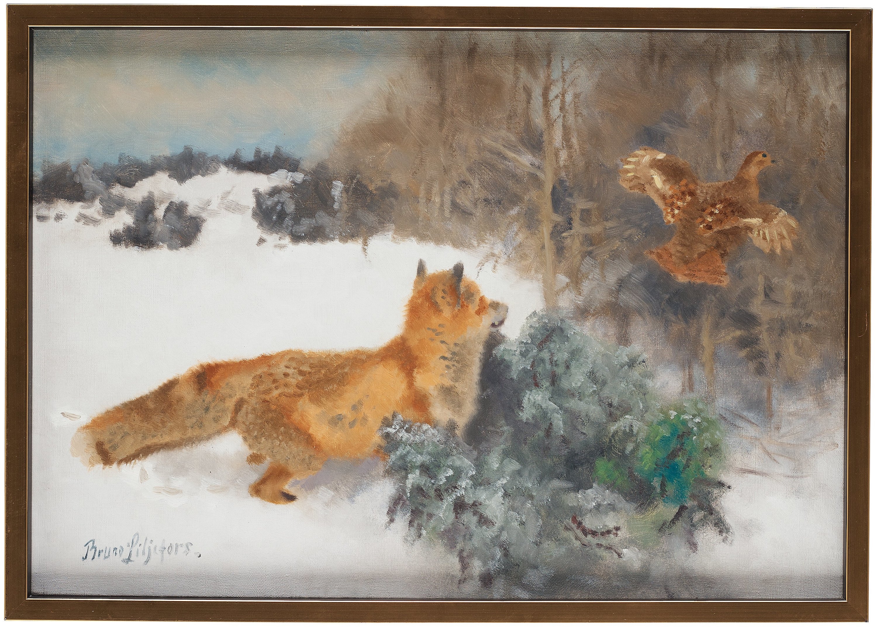Artwork by Bruno Liljefors, Winter landscape with fox and fleeing black grouse, Made of Oil on canvas