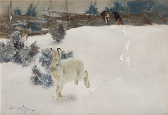 Winter landscape with hare and hounds by Bruno Liljefors