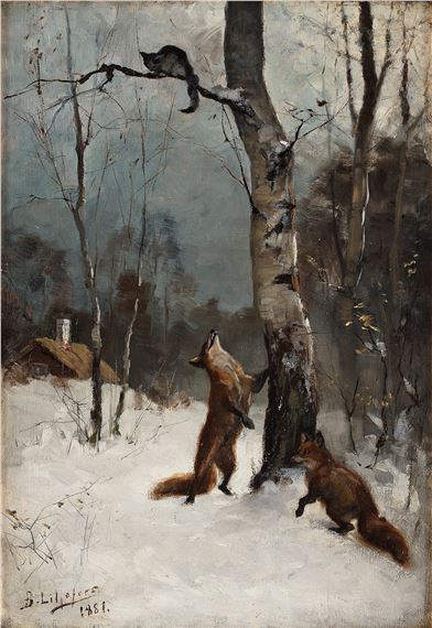 "Rävar och katt, vinterlandskap" (Foxes and cat, winter landscape)