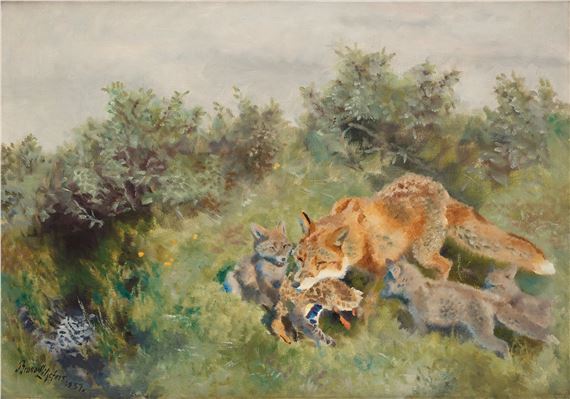 "Rävfamilj" (Fox family with prey) by Bruno Liljefors, dated 1937