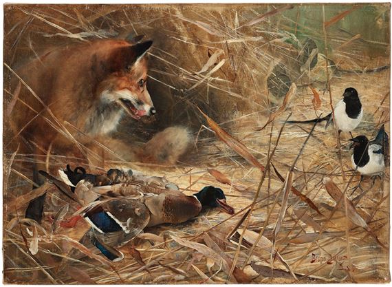 "Räv och skator" (Fox and magpies) by Bruno Liljefors, 1885