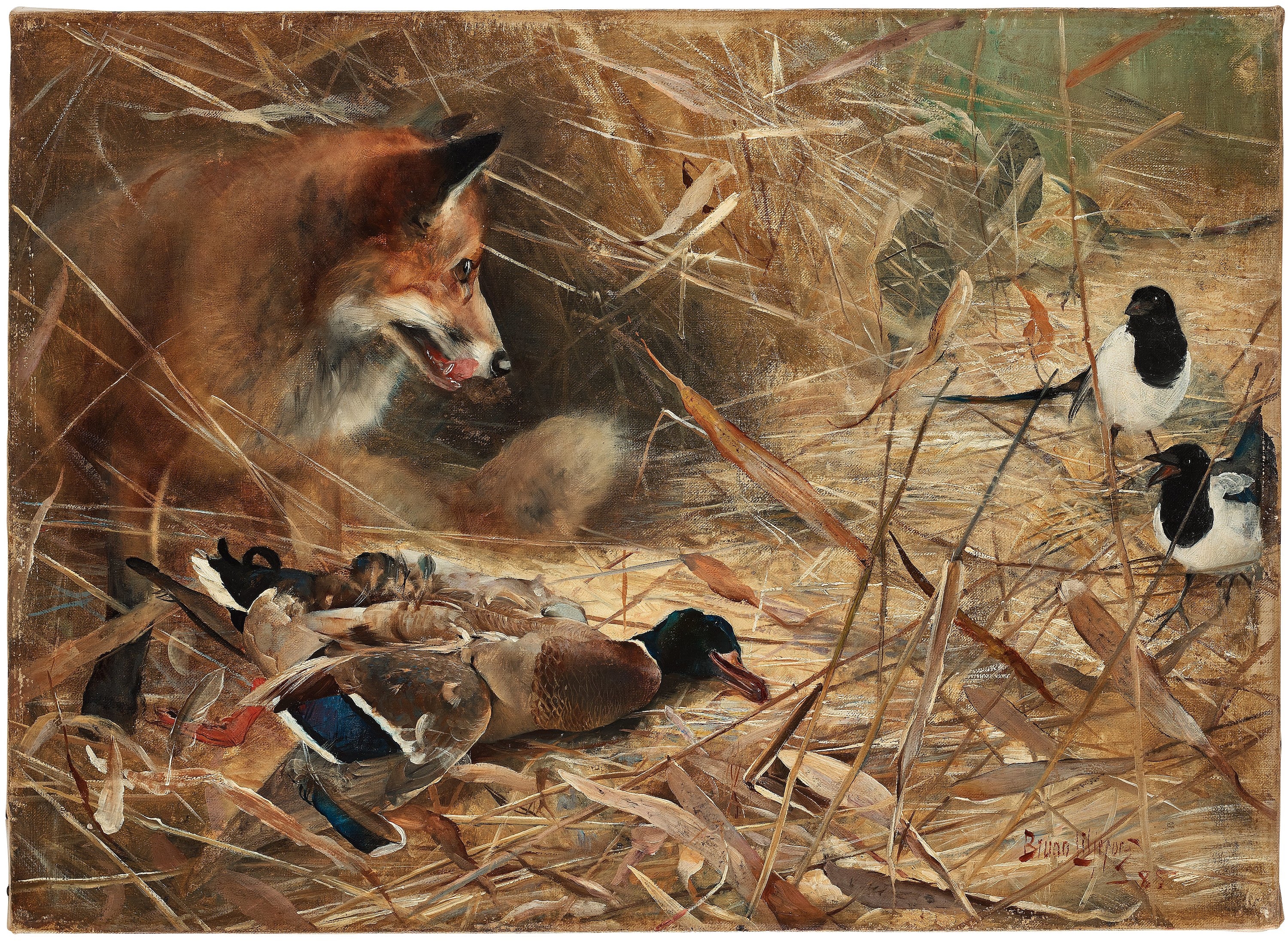 Artwork by Bruno Liljefors, "Räv och skator" (Fox and magpies), Made of Oil on canvas