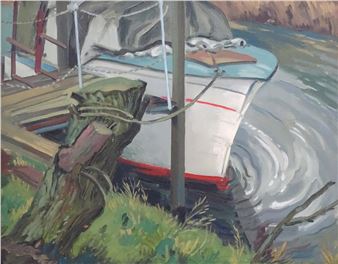 A moored boat at a riverbank - W. E. Wisdish