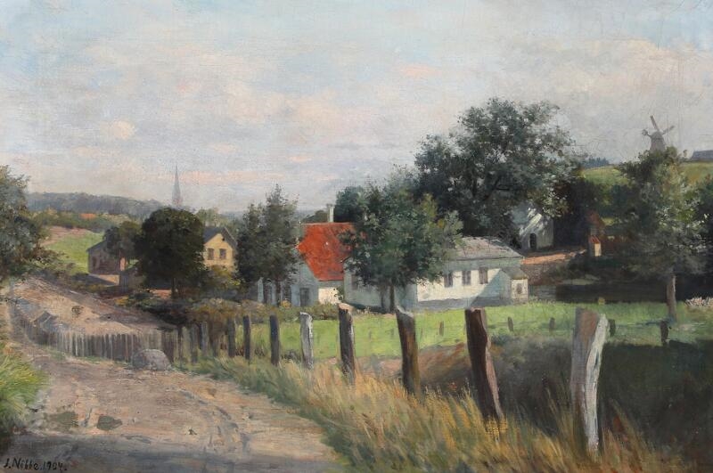 Artwork by Jacob Nöbbe, Landscape scenery with houses and and fenced field, Made of Oil on canvas