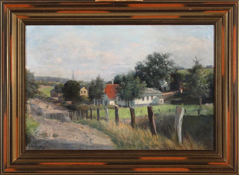 Artwork by Jacob Nöbbe, Landscape scenery with houses and and fenced field, Made of Oil on canvas