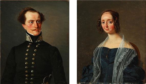 Portrait of a woman in a blue dress and lace shawl by David Monies, 1838