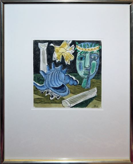 Büsten, Skulpturen und Säulen der Antike sowie Muscheln