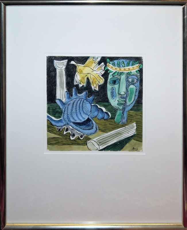 Artwork by Werner Persy, Büsten, Skulpturen und Säulen der Antike sowie Muscheln, Made of watercolor / paper, strong colors