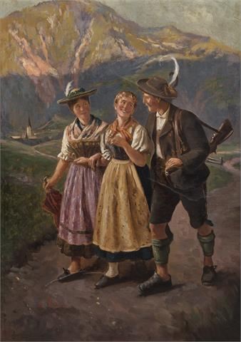 Emil Rau | Hunter with two ladies in traditional costume on the path ...