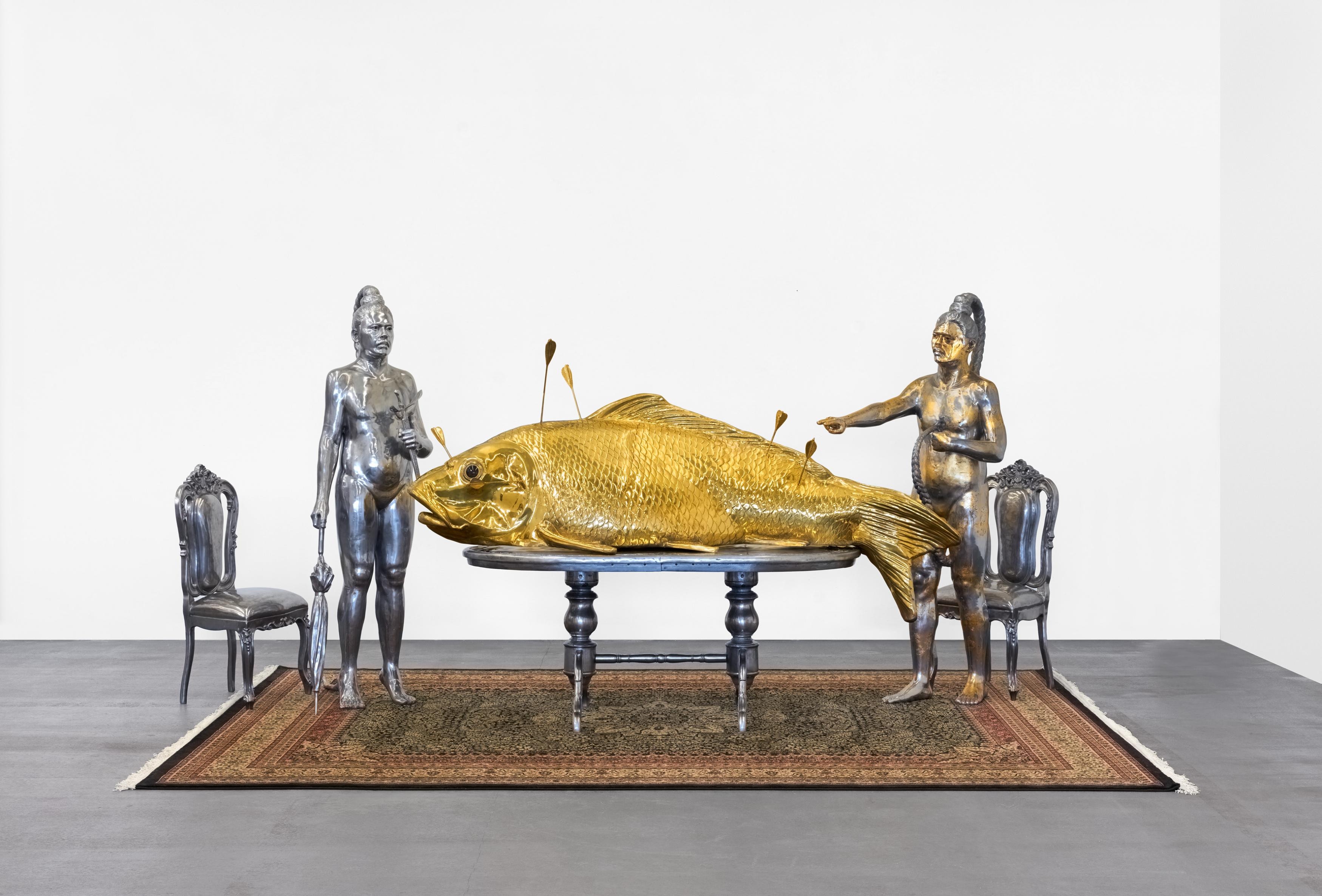 Artwork by Entang Wiharso, Feast Table Undeclared Perceptions., Made of Mixed media (brass, aluminium, gold leaf and carpet)