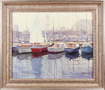 "Puerto de Barcelona"Óleo sobre tela, firmado.Medidas: 55 x 67 cm - Pascual Bueno