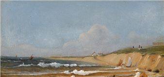 Coastal view from Refsnæs with boats and fishermen on the shore - Johan Thomas Lundbye